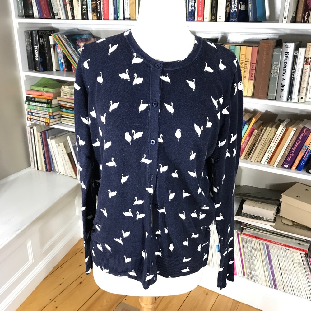 Navy blue cardigan with swan detail